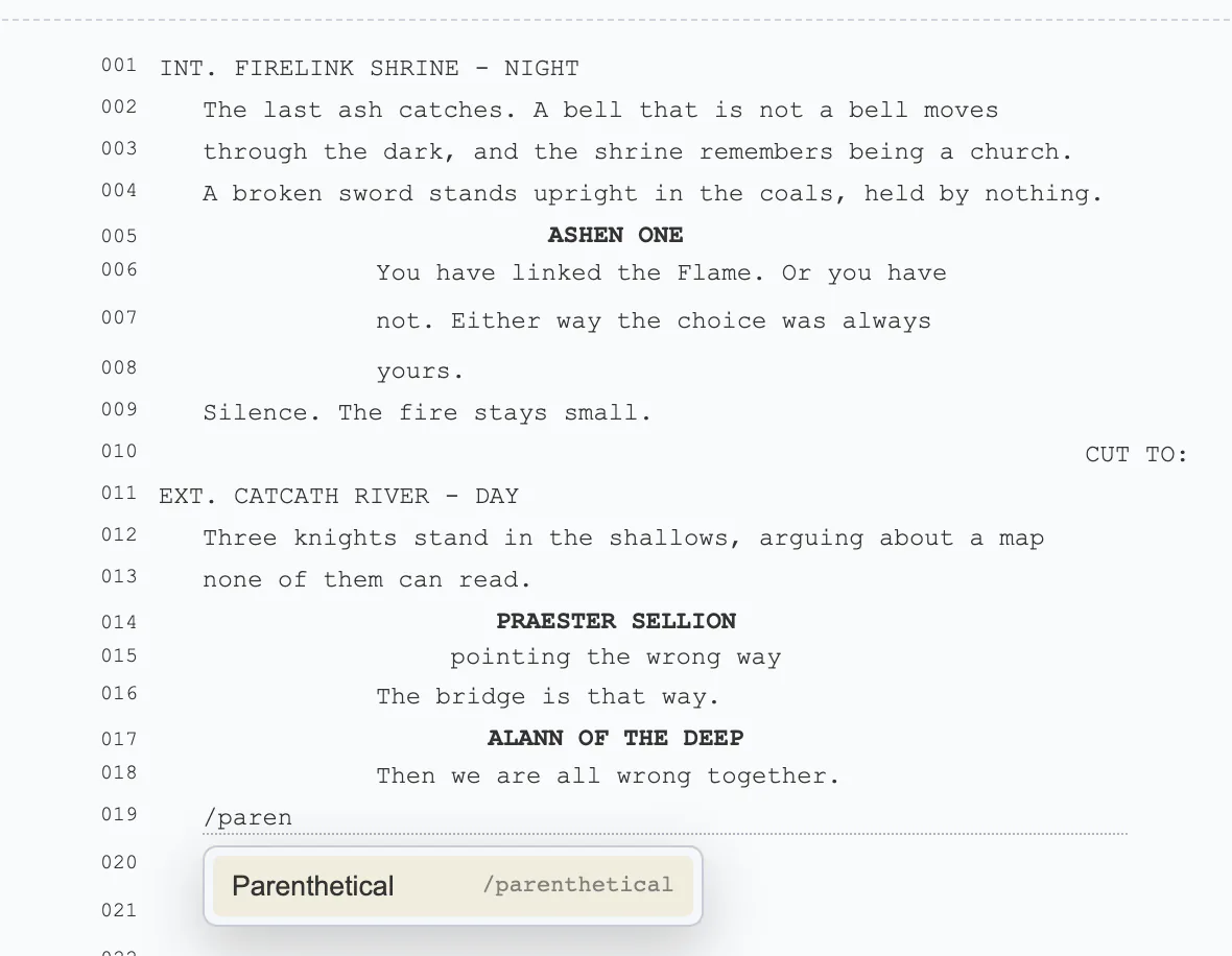 Slash command menu offering Parenthetical while typing /paren on an empty row